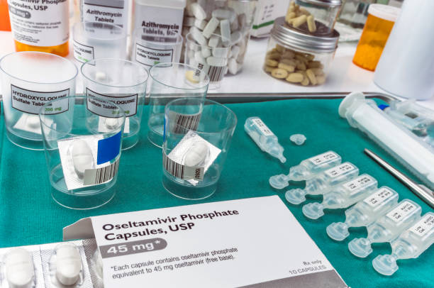 istock Different medication prepared for people affected by Covid-19, Oseltamivir is a selective antiviral prophylactic against virus that is already in experimental use, conceptual image 1221387172