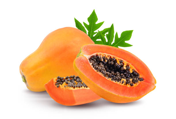 istock ripe papaya with leaf on white background 1221387588