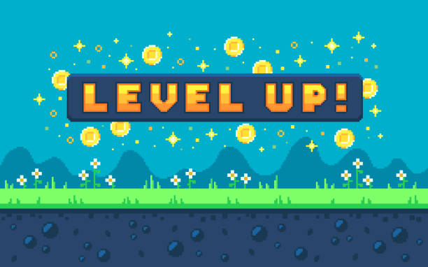 Pixel art design with outdoor landscape background. Pixel art design with outdoor landscape background. Colorful pixel arcade screen for game design. Banner with button level up. Game design concept in retro style. Vector illustration. pixelated illustrations stock illustrations
