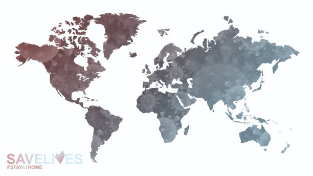 istock World Map with coronavirus illustration, tagline Save Lives Stay Home. 1221388425