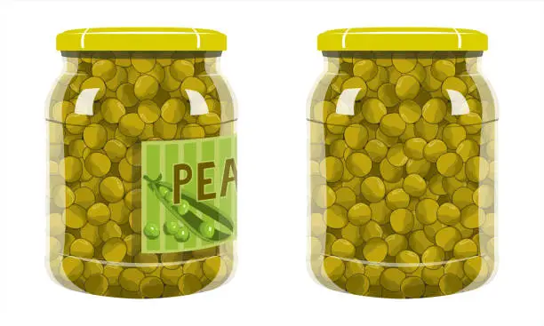 Vector illustration of Pea glass jar isolated on white background, with and without label.