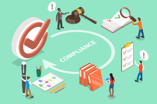 3D Isometric Flat Vector Concept of Regulatory Compliance. 3D Isometric Flat Vector Concept of Regulatory Compliance, Business People Are Discussing Steps to Comply With Relevant Laws, Policies, and Regulations. compliance stock illustrations