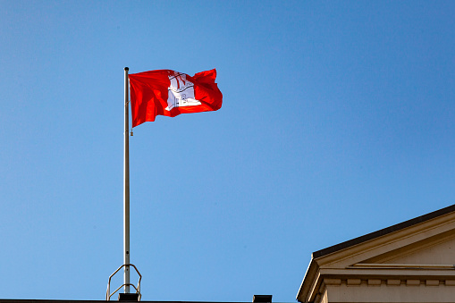 A close-up looking up at a British Columbia (BC) provincial flag flying on a windy day from a flagpole. The flag is backlit and frayed against a blue sky.