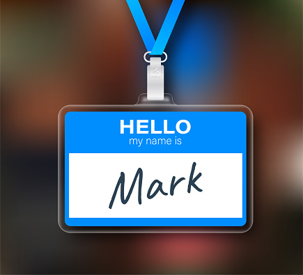 Blue Hello my name is label sticker on white background. Vector stock illustration.