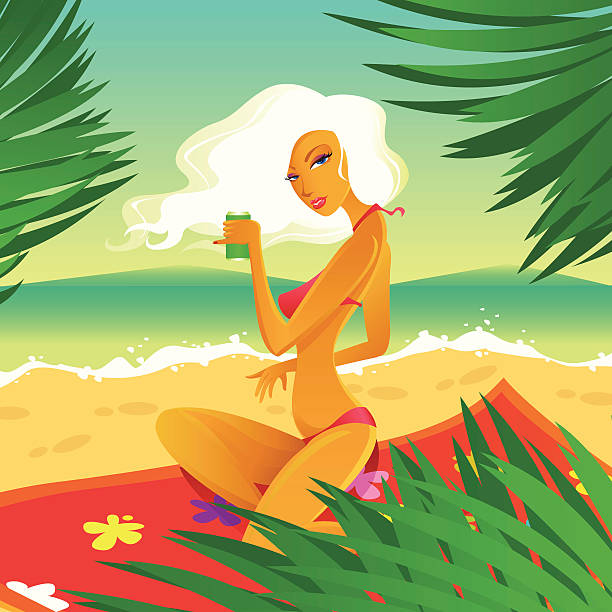 ilustraciones, imágenes clip art, dibujos animados e iconos de stock de chica sentada en la playa - femme fatale