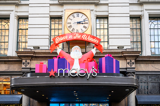 New York, New York, USA - November 15, 2019: Macy's Christmas decorations at Broadway Herald Square entrance.