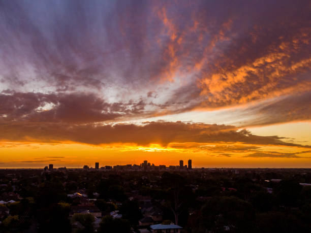 istock Cityscape: Fiery sunset over Adelaide CBD from the eastern suburbs 1221395138