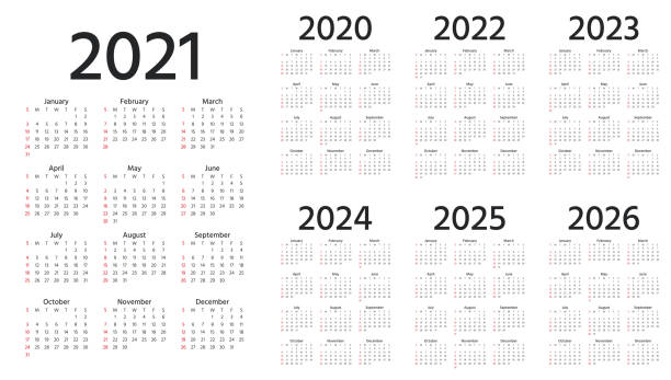 Calendar 2021, 2022, 2023, 2024, 2025, 2026, 2020 years. Vector illustration. Simple template. Calendar 2021, 2022, 2023, 2024, 2025, 2026, 2020 years. Week starts Sunday. Simple year template of pocket or wall calenders. Yearly organizer. Stationery layout. Portrait orientation, English. 2026 2021 stock illustrations