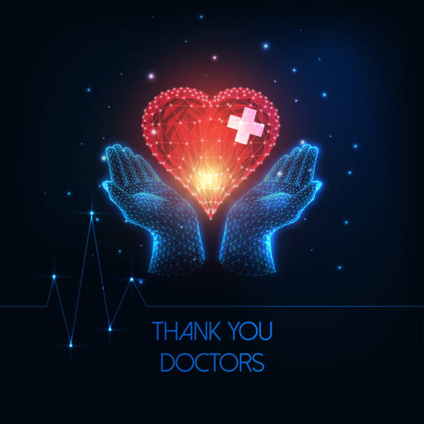 bildbanksillustrationer, clip art samt tecknat material och ikoner med tack läkare koncept med glödande låg polygonal mänskliga händer som håller rött hjärta - sjuksköterska sverige