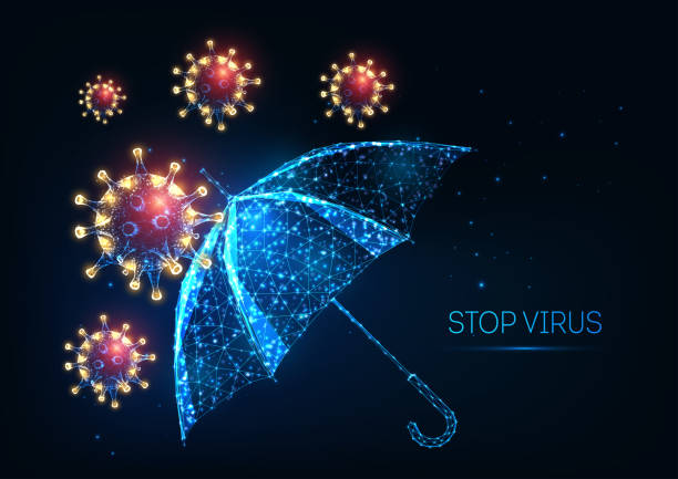 ilustrações, clipart, desenhos animados e ícones de conceito futurista de proteção contra doenças coronavírus covid-19 em fundo azul escuro - immune defence
