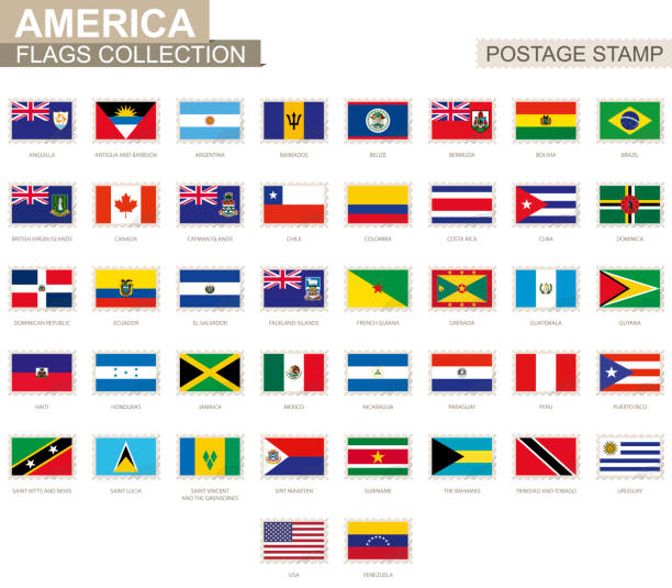 istock Postage stamp with America flags. Set of 42 American flag. 1221399071