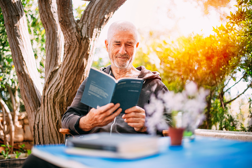 Old Man Reading a Book in the Garden