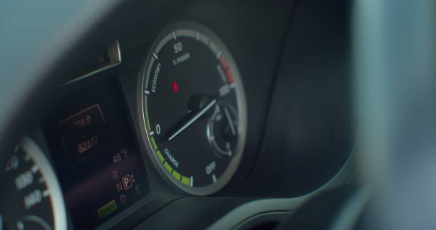 istock Car dashboard during start engin. Starting electric car Dashboard. 1221399393