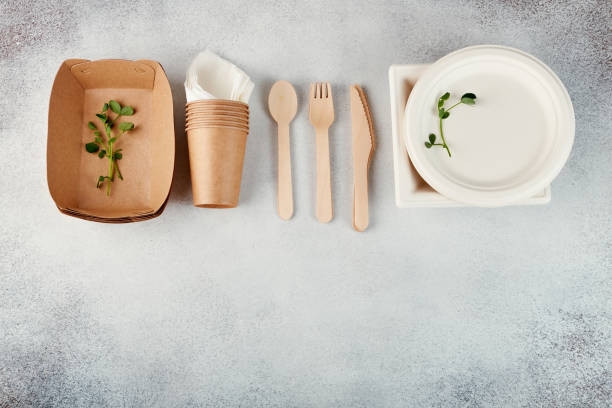 istock Biodegradable disposable tableware. Paper plates, cups, boxes. Wooden cutlery. Flat lay 1221400579
