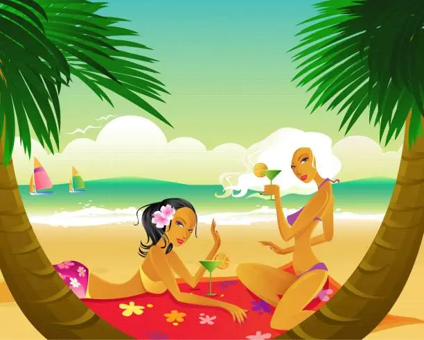 Vector illustration of Women Beach Vacation Tropical Island