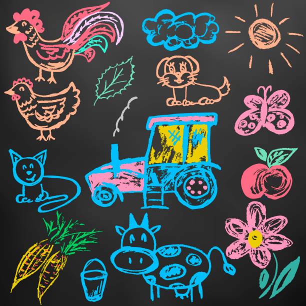 симпатичный детский рисунок.  цветные восковые карандаши. иконки, знаки, символы, булавки - tree book apple apple tree stock illustrations