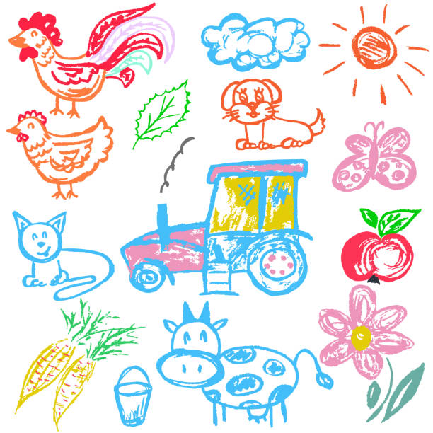 ładny rysunek dla dzieci.  kolorowe kredki woskowe. ikony, znaki, symbole, szpilki - tree book apple apple tree stock illustrations
