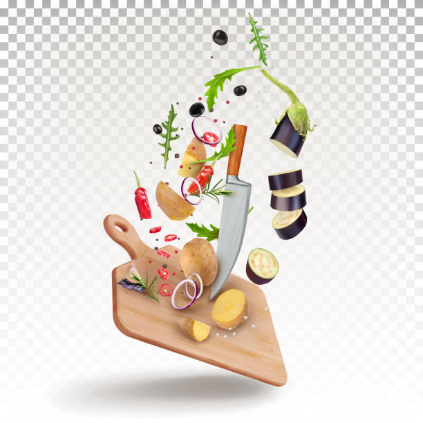 istock Flying vegetables on a cutting board with a knife. Potatoes, eggplant, red chili peppers, spices, arugula. V 1221405160