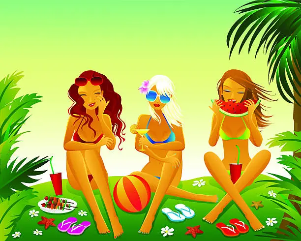 Vector illustration of Three Young Women Wearing Bikinis and Sitting on Grass