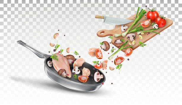 istock Chicken, mushrooms, green onions, tomatoes, parsley, chopped spices on a wooden kitchen board fall into a pan. Cooking process. Vector 3d illustration 1221405826