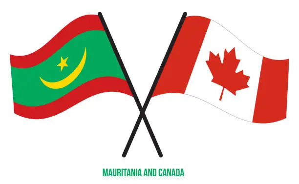Vector illustration of Mauritania and Canada Flags Crossed And Waving Flat Style. Official Proportion. Correct Colors