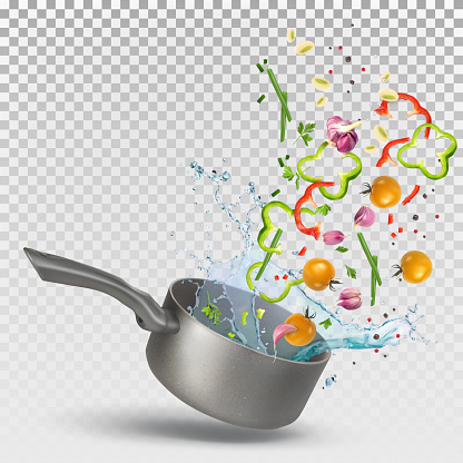 Stewpan with a splash of water and slices of green and red paprika, yellow tomatoes, garlic, onions, spices. Cooking boulevard, sauce, vegetables. Vector 3d illustration.