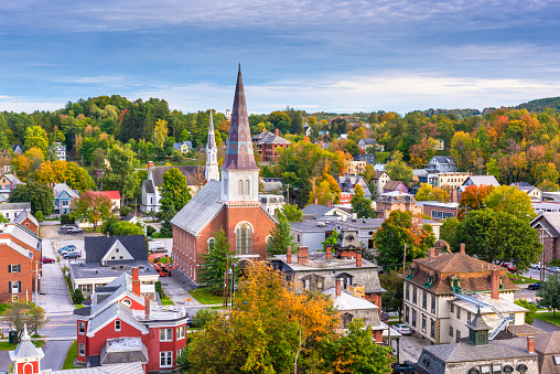 Montpelier, Vermont, USA autumn town skyline.