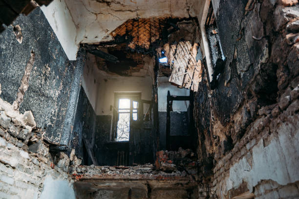 istock Burnt old rural house interior. Consequences of fire 1221406953