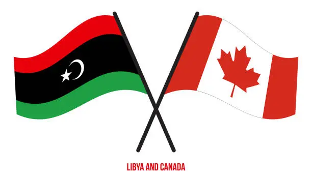 Vector illustration of Libya and Canada Flags Crossed And Waving Flat Style. Official Proportion. Correct Colors