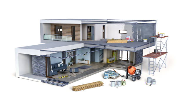 istock Process of modern cottage construction, 3d illustration 1221407505
