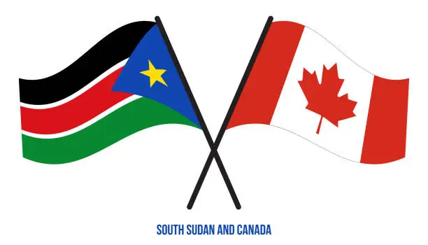Vector illustration of South Sudan and Canada Flags Crossed And Waving Flat Style. Official Proportion. Correct Colors