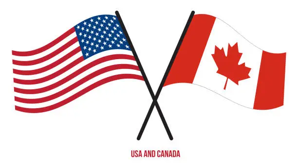 Vector illustration of USA and Canada Flags Crossed And Waving Flat Style. Official Proportion. Correct Colors
