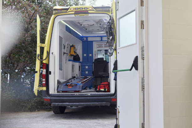 istock Empty ambulance next to the emergency room entrance. 1221408317