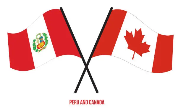 Vector illustration of Peru and Canada Flags Crossed And Waving Flat Style. Official Proportion. Correct Colors