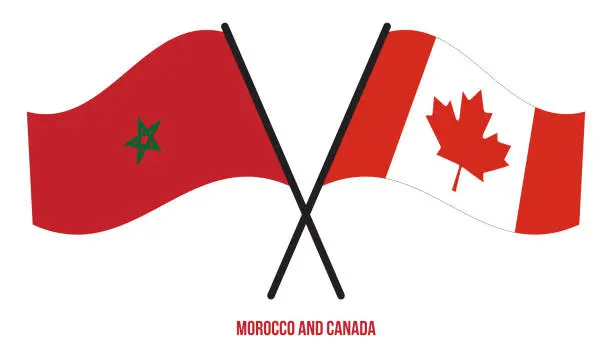 Vector illustration of Morocco and Canada Flags Crossed And Waving Flat Style. Official Proportion. Correct Colors