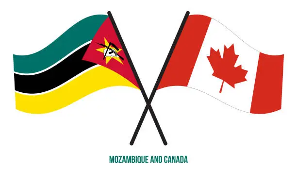 Vector illustration of Mozambique and Canada Flags Crossed And Waving Flat Style. Official Proportion. Correct Colors