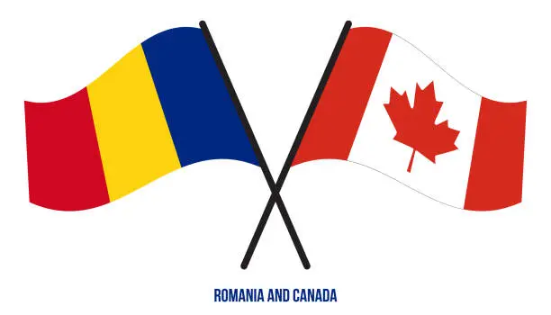 Vector illustration of Romania and Canada Flags Crossed And Waving Flat Style. Official Proportion. Correct Colors