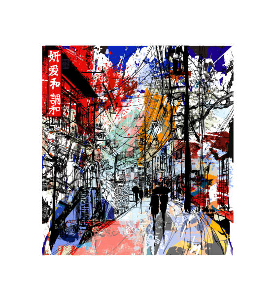 Pedestrians in a street of Tokyo Pedestrians in a street of Tokyo - vector illustration Japanese characters meaning: Beauty Love Peace Harmony Japan same characters in the stamp  Ideal for printing on fabric or paper poster or wallpaper house decoration tokyo streets stock illustrations