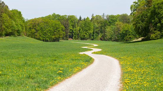 Andechs, Bavaria / Germany - Apr 24, 2020: Long and winding road leading away from the viewer into the woods. Zig zag path with green meadow. Concept for hope, unknown, curiosity. Bavarian landscape.