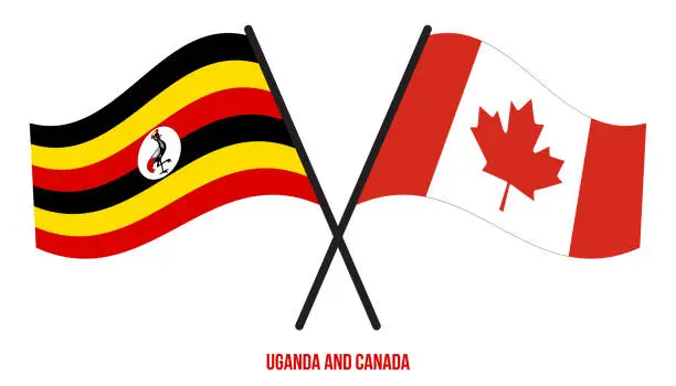 Vector illustration of Uganda and Canada Flags Crossed And Waving Flat Style. Official Proportion. Correct Colors