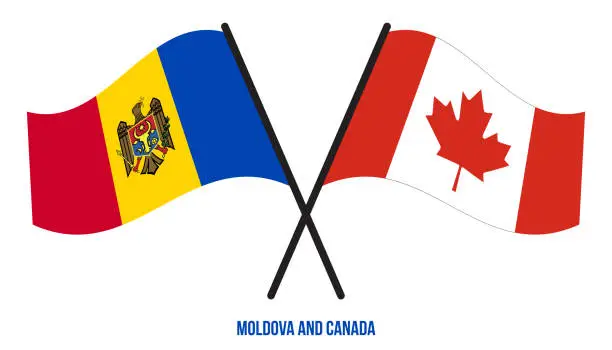 Vector illustration of Moldova and Canada Flags Crossed And Waving Flat Style. Official Proportion. Correct Colors