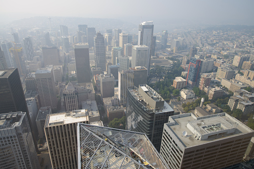 Aerial view of Seattle skyline and skyscrapers, Washington, USA.