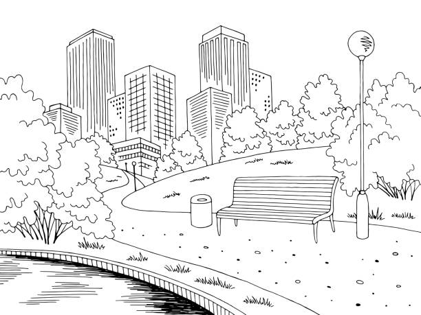 park see grafik schwarz weiß stadt landschaft skizze illustration vektor - scenics pedestrian walkway footpath bench stock-grafiken, -clipart, -cartoons und -symbole