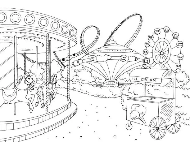 Vector illustration of Amusement park landscape graphic black white sketch illustration vector