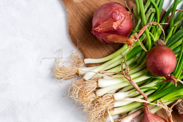 istock Fresh red and white onions on white background 1221415932