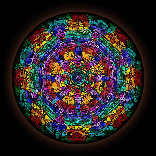 patrón colorido en estilo de vidriera gótica con marco redondo. adorno floral abstracto. - rose window window church built structure fotografías e imágenes de stock