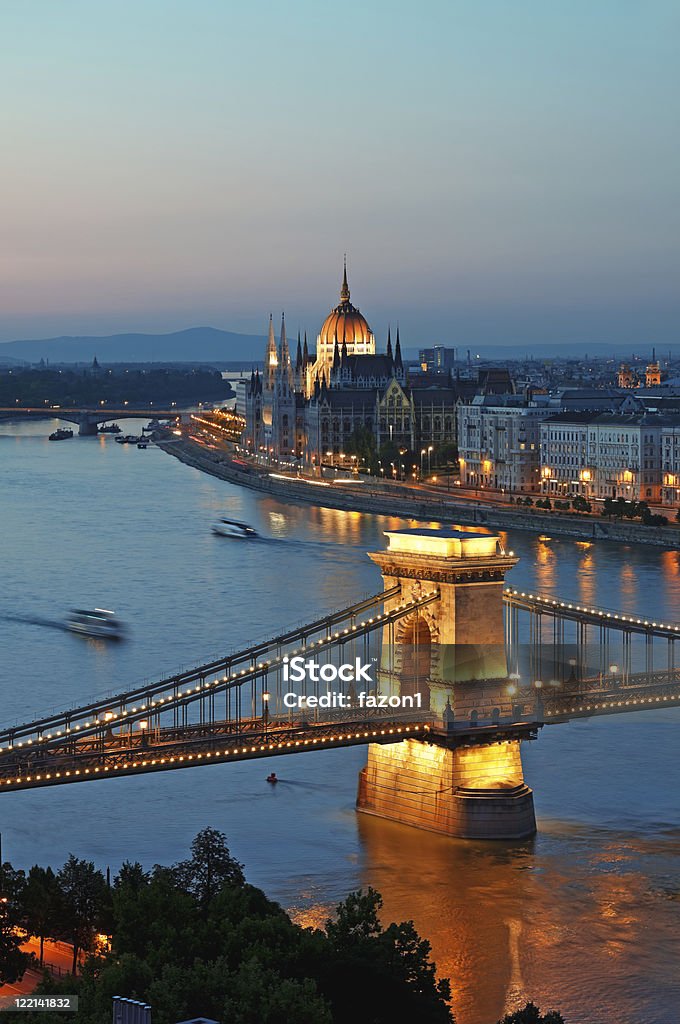 Budapest skyline at dusk View of Chain Bridge, Hungarian Parliament and River Danube form Buda Castle. Bridge - Built Structure Stock Photo