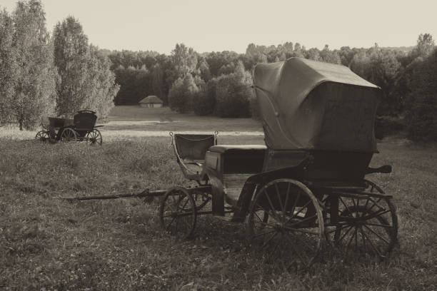 istock Retro vintage Carriage outdoors. Black and white image. 1221423743