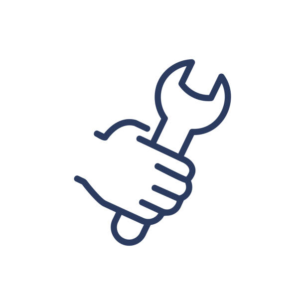 ilustrações de stock, clip art, desenhos animados e ícones de hand holding wrench thin line icon - mechanic plumber repairman manual worker