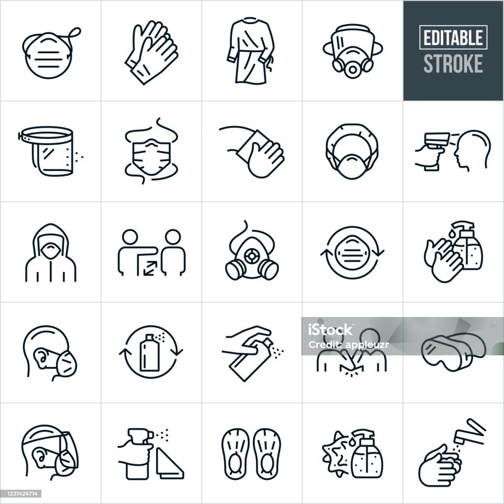 Медицинское личное защитное оборудование Тонкая линия иконки - Редактируемый инсульт - Векторная графика Иконка роялти-фри